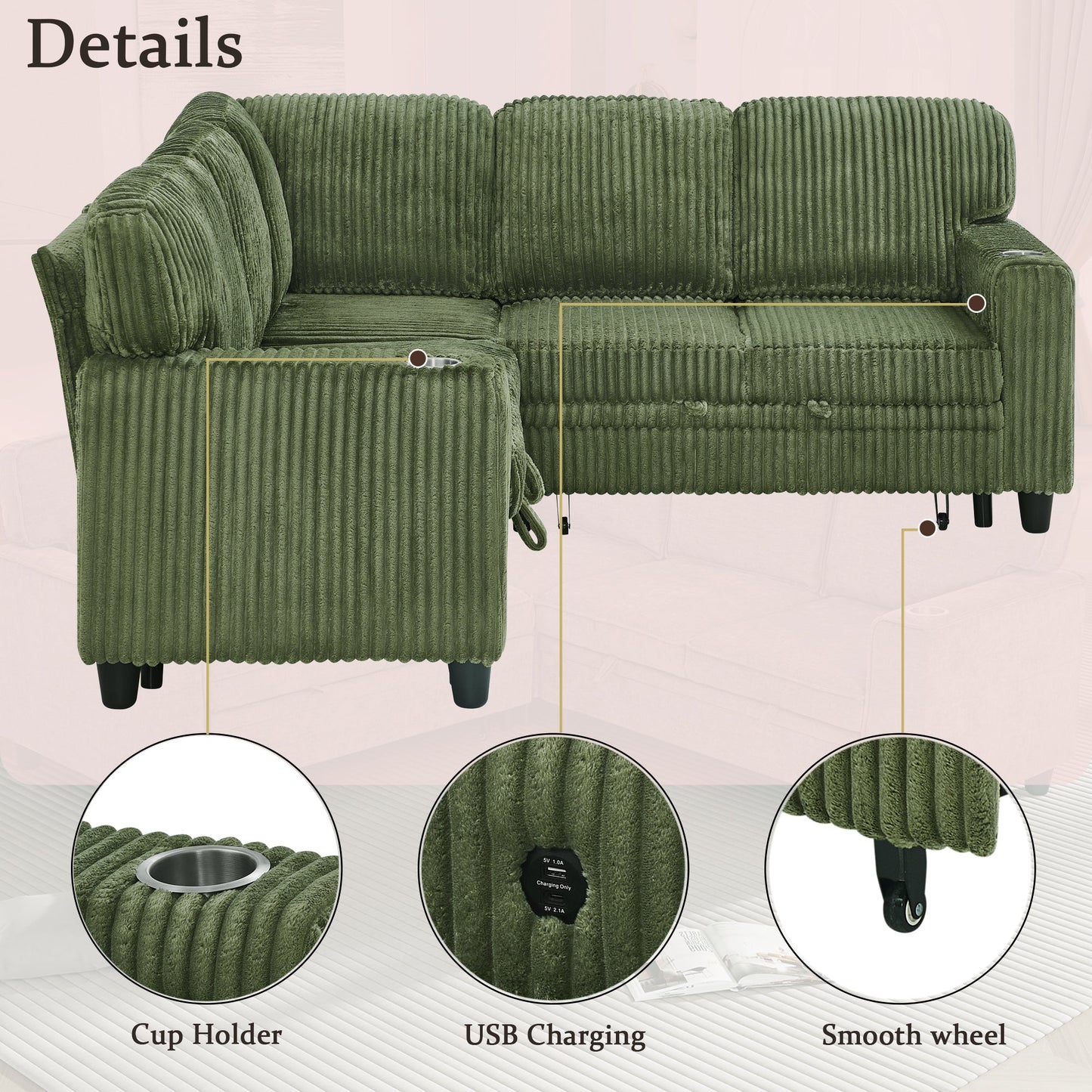 Sofa Bed L-Shape Corduroy Olive Green 5 Seat Pull-Out USB Ports 81 In
