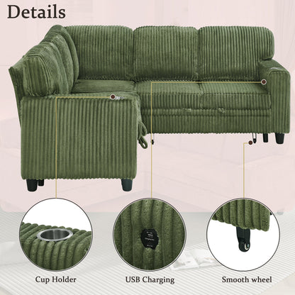 Sofa Bed L-Shape Corduroy Olive Green 5 Seat Pull-Out USB Ports 81 In