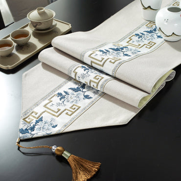 Chinese Table Runner with Floral and Zen Pattern