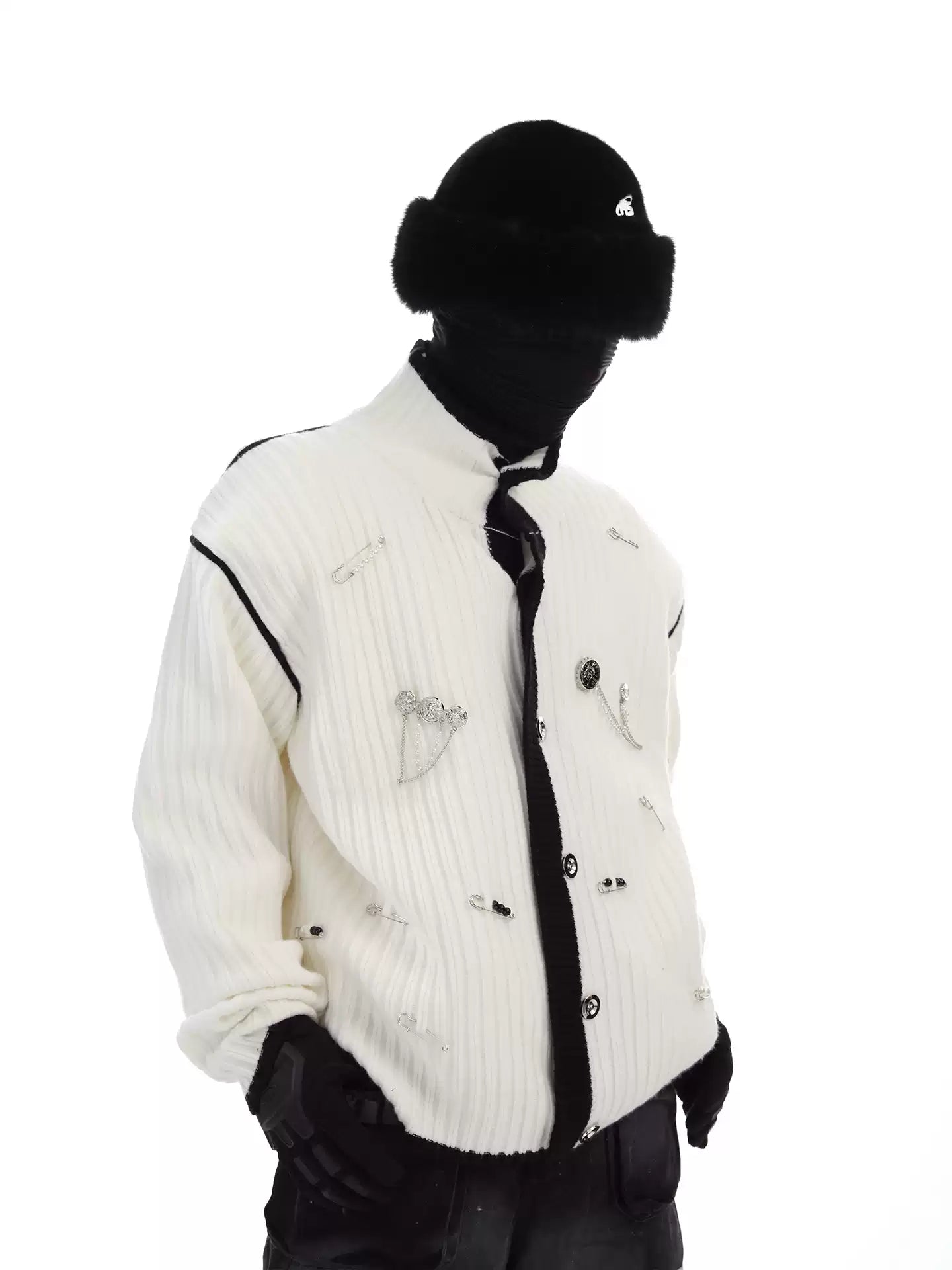 Stand-collar Contrast-color Metal-badge Knitted Cardigan Sweater