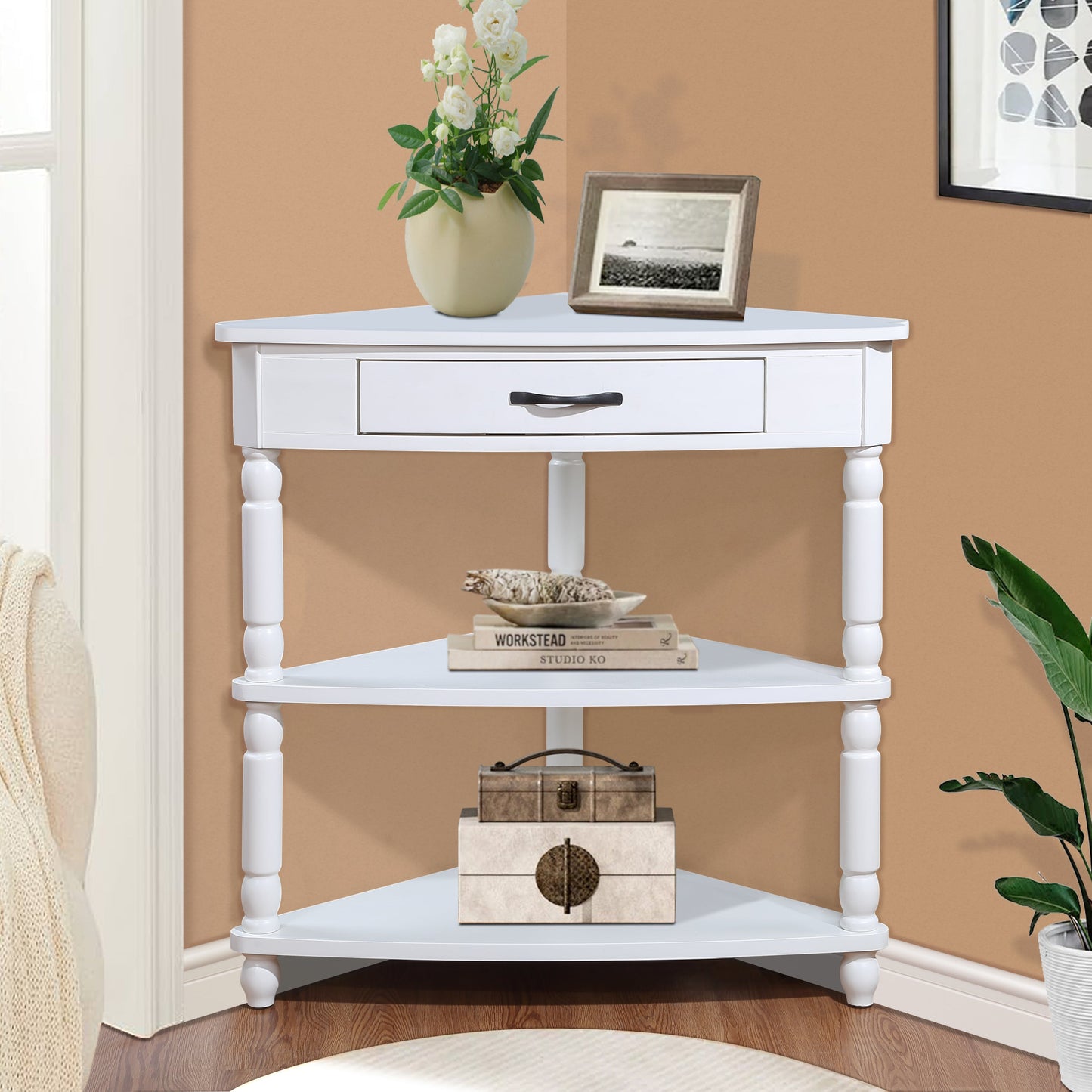 33.8 in Triangle Corner Table, 3-Tier Solid Wood Legs, Small Spaces, Milk White