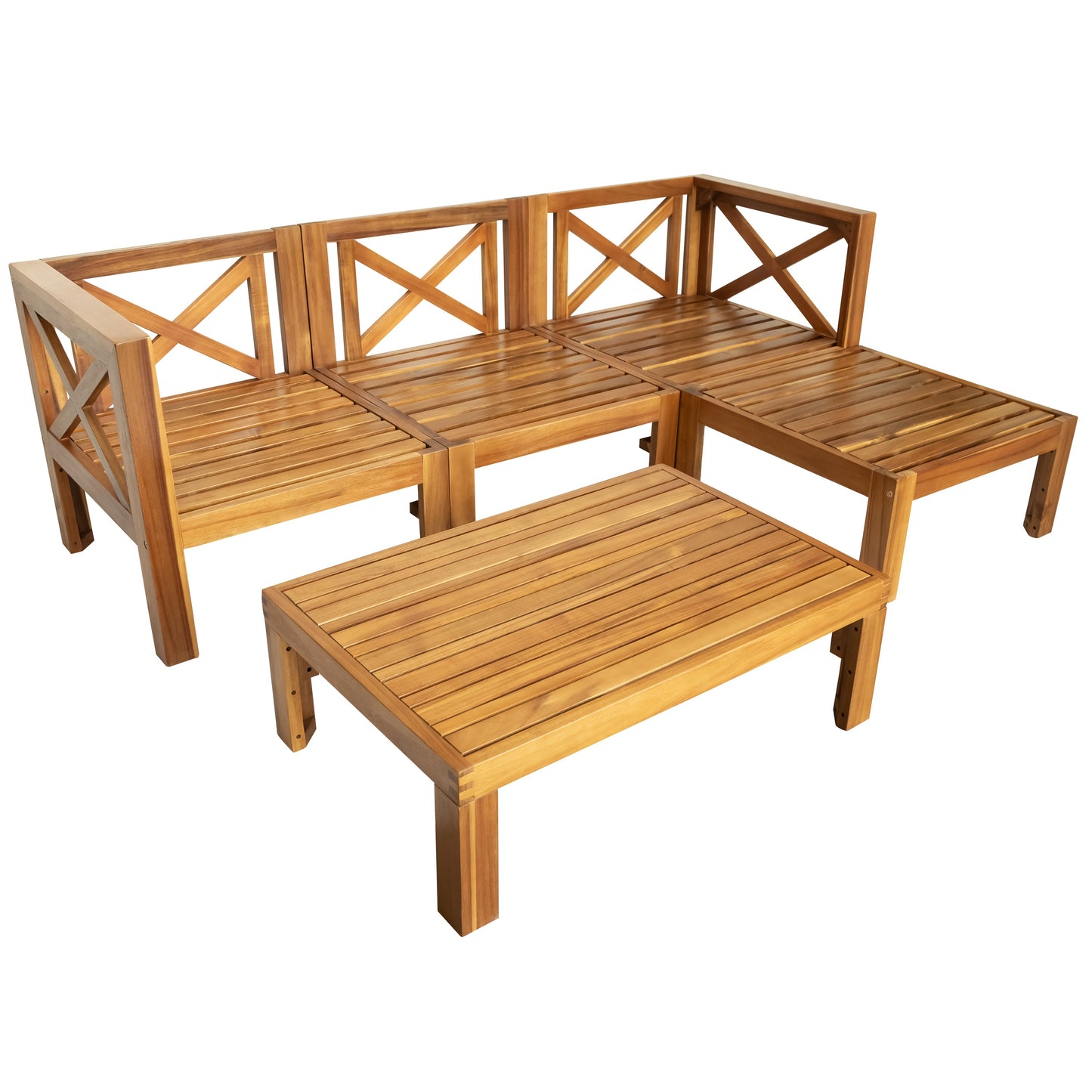 Outdoor Patio Sectional Set Acacia Wood Gray Cushions 5 Piece X-Back