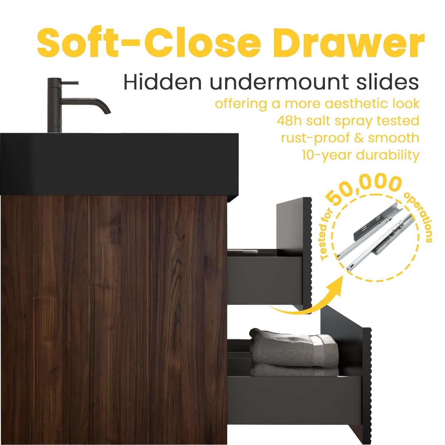 36' Walnut Bathroom Vanity with Matt Black Engineered Quartz Sink Soft Black Drawers