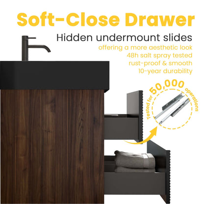 36' Walnut Bathroom Vanity with Matt Black Engineered Quartz Sink Soft Black Drawers