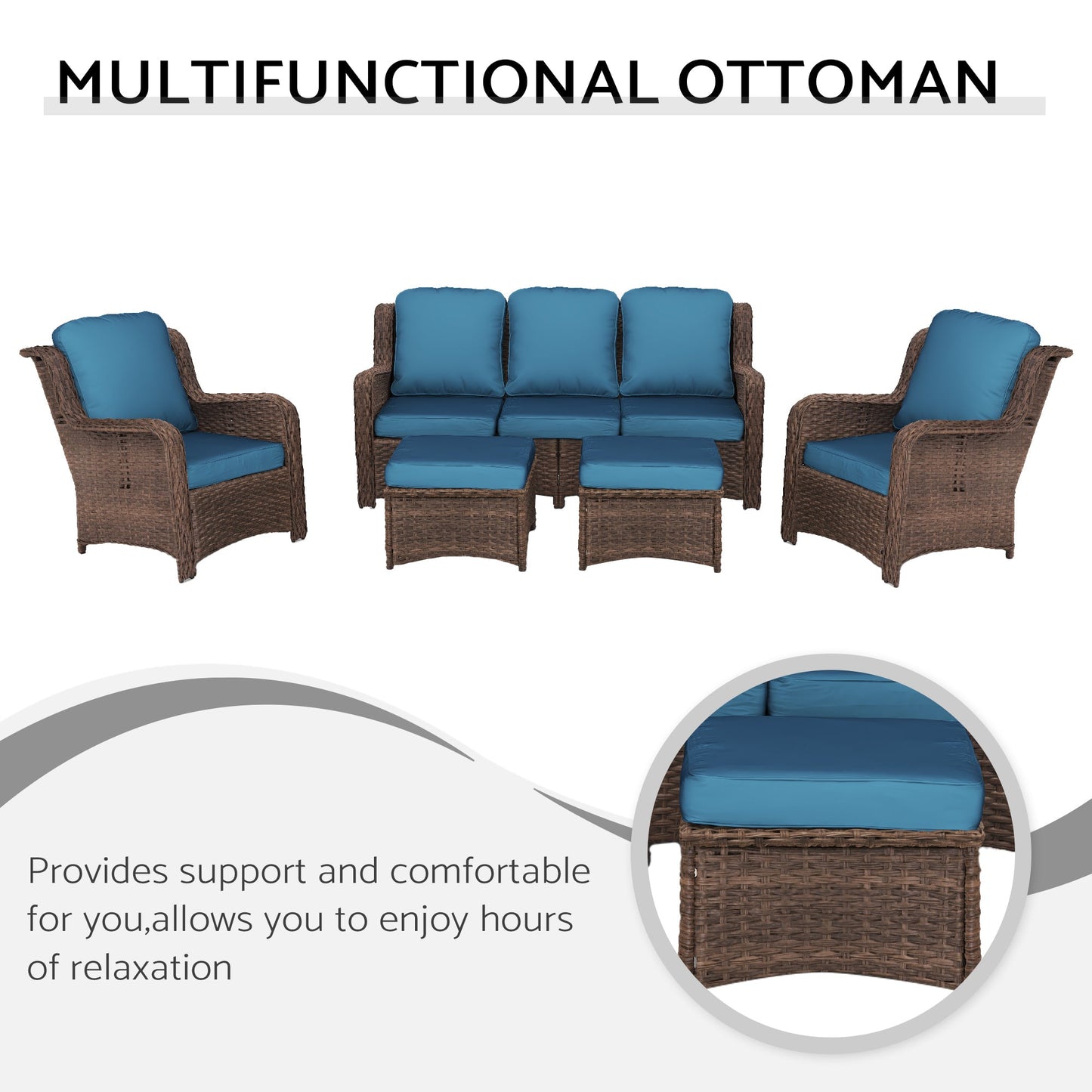 5 Piece PE Rattan Outdoor Conversation Set Brown Peacock Blue