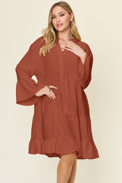 Textured Button-Down Ruffle Hem Dress
