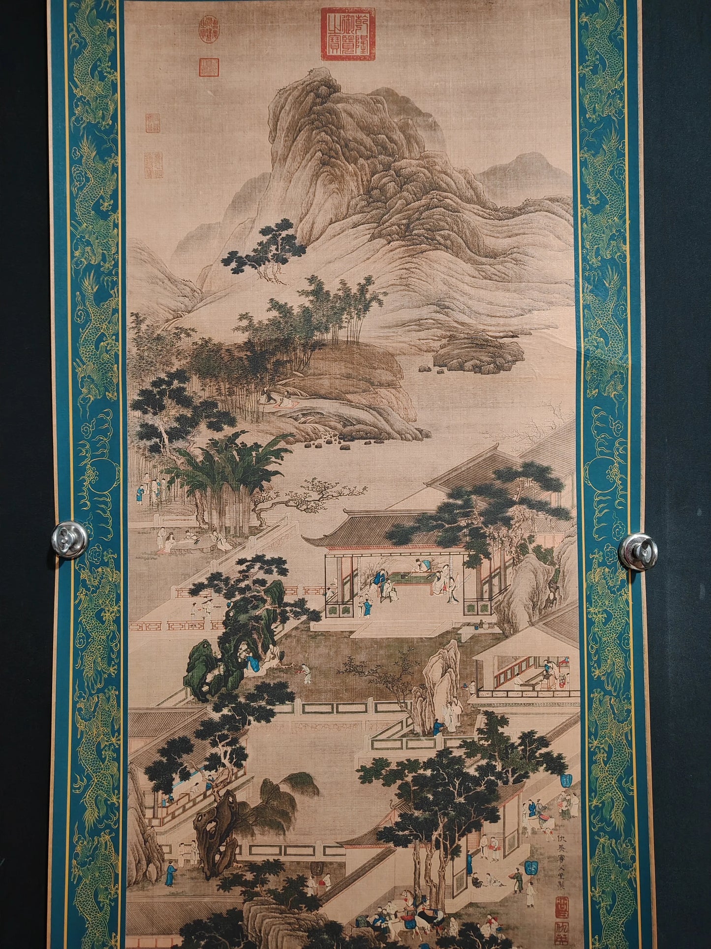 A wall scroll hanging painting of Qiu Ying's landscape on Chinese Xuan paper for the central hall decoration