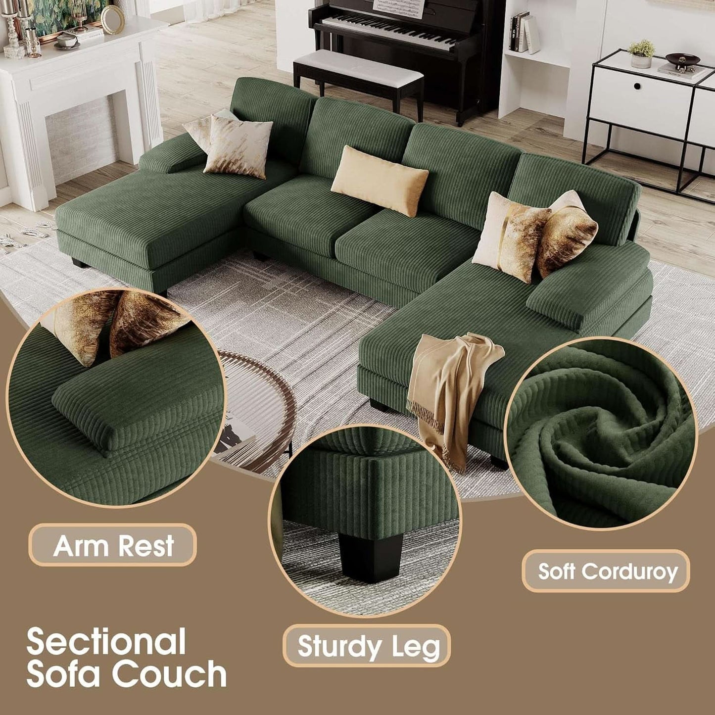 Dark Green Corduroy U Shaped Sectional Sofa 4 Seat Chaise
