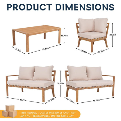 Outdoor Sectional Set Aluminum Woodgrain Yellow Gray L-Shape 4 Pc