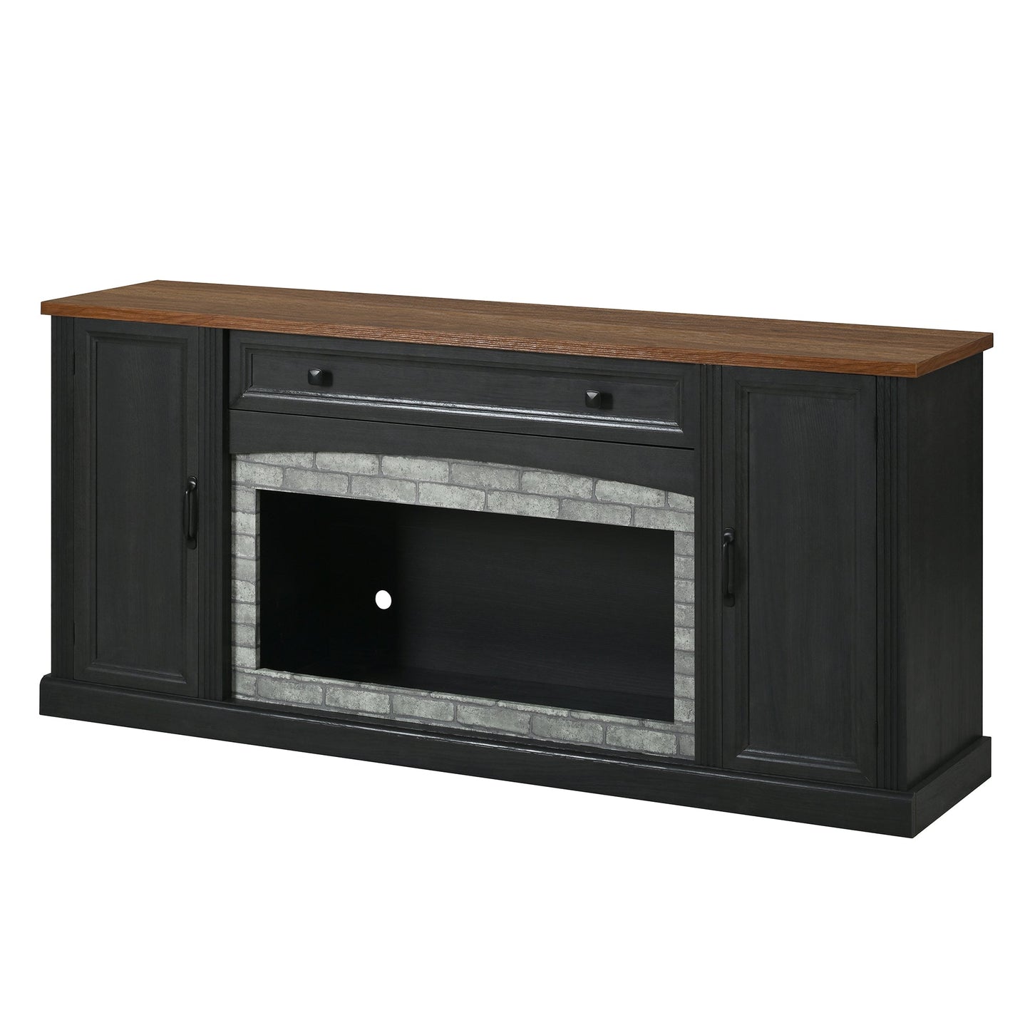 TV Stand Fireplace Black MDF Walnut Top Gray Brick 1400W Fits 70 In TV 66.9 In