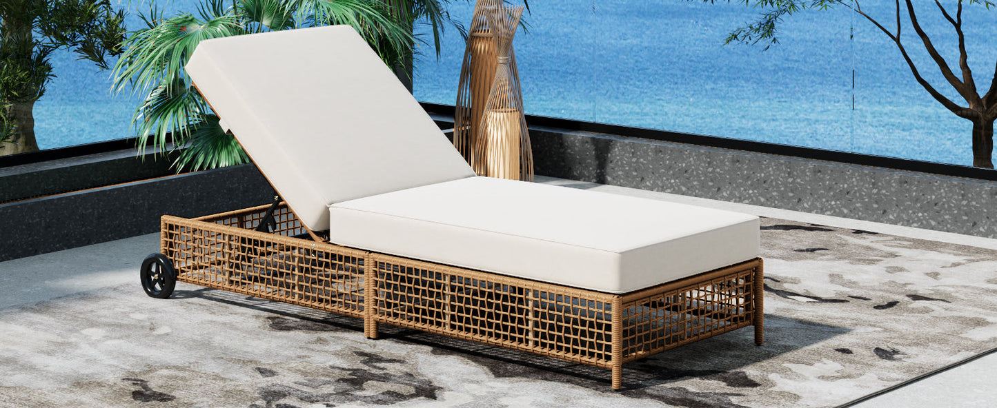 Outdoor Lounge Chair, 5-Position Adjustable Rattan Chaise with Cushion and