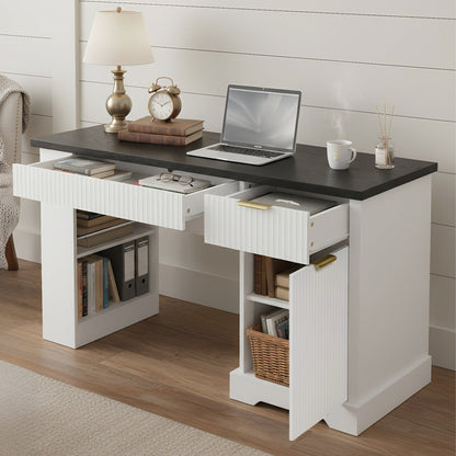 55' Modern Fluted Office Desk with Storage Cabinet and Drawers, Computer Writ...