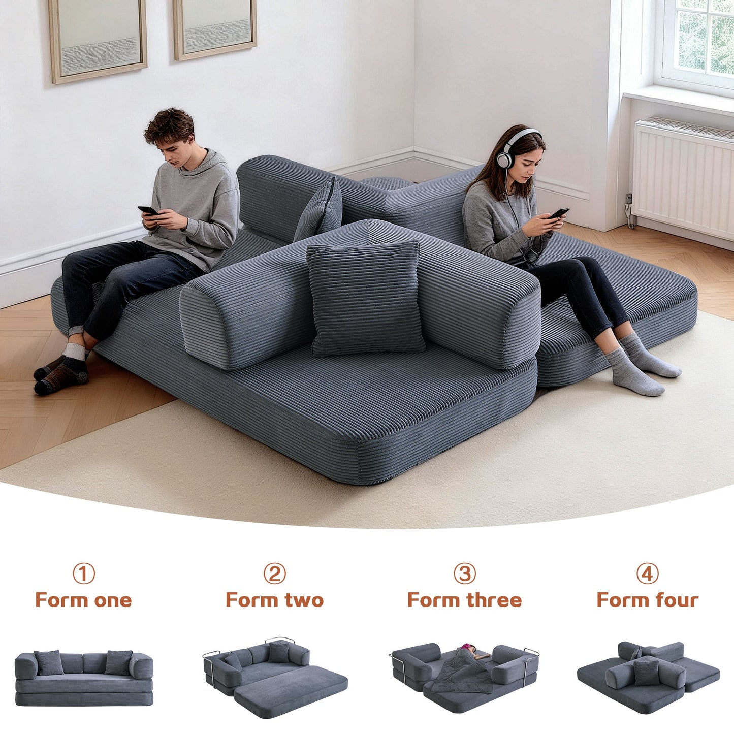 Sofa Bed Floor 5-in-1 Corduroy Gray Convertible Pillow Blanket 74.8 In