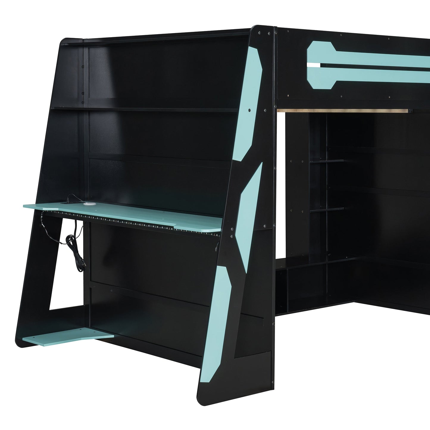 Full Size Wood Loft Bed with Desk, Multi-storage Shelves and RGB Light, Cloud