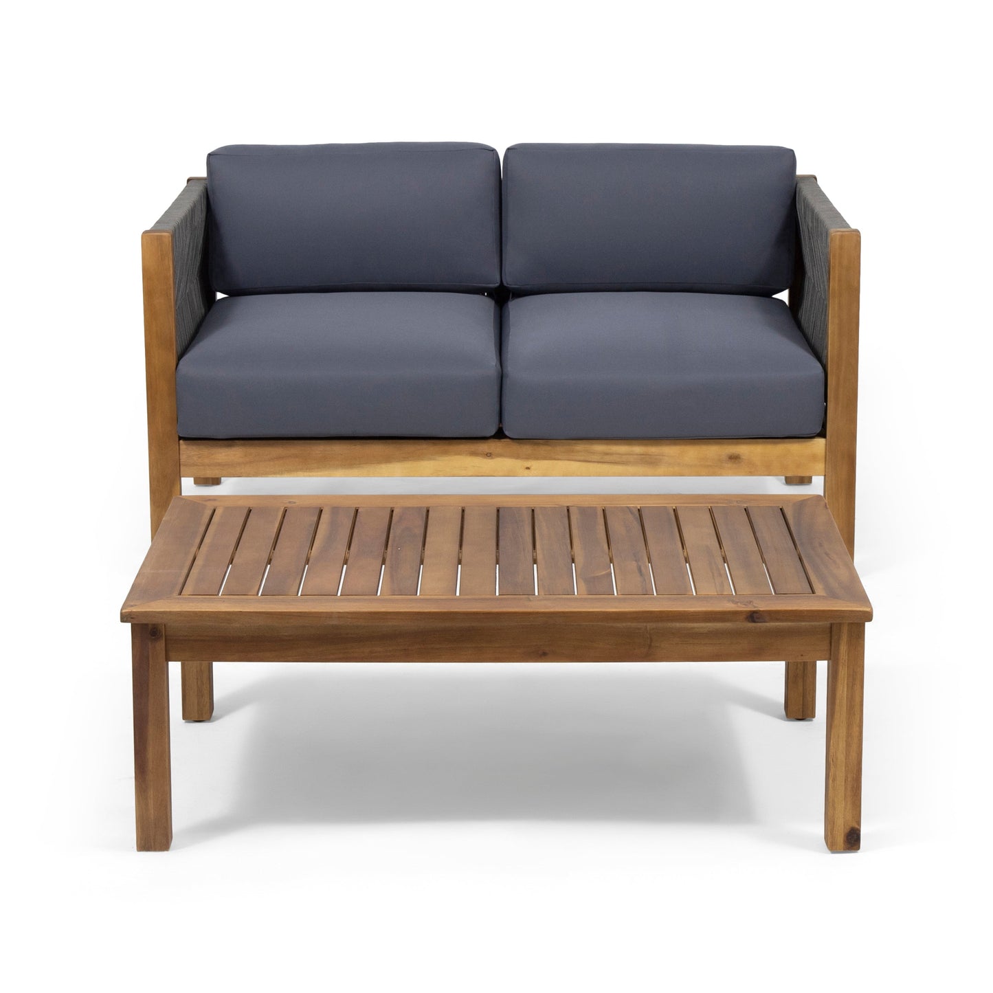Outdoor Loveseat Set Acacia Wood Rattan Rope Teak Cushion 2 Piece