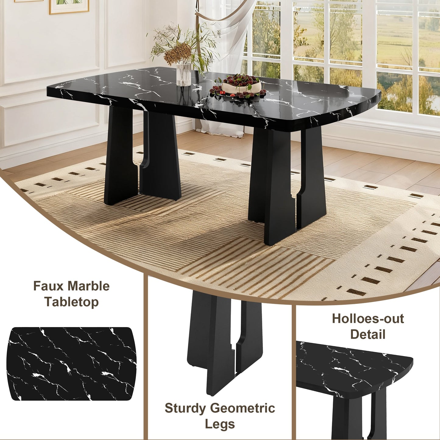 6 Piece Modern Dining Table Set, 63' Faux Marble Dining Table with Geometric