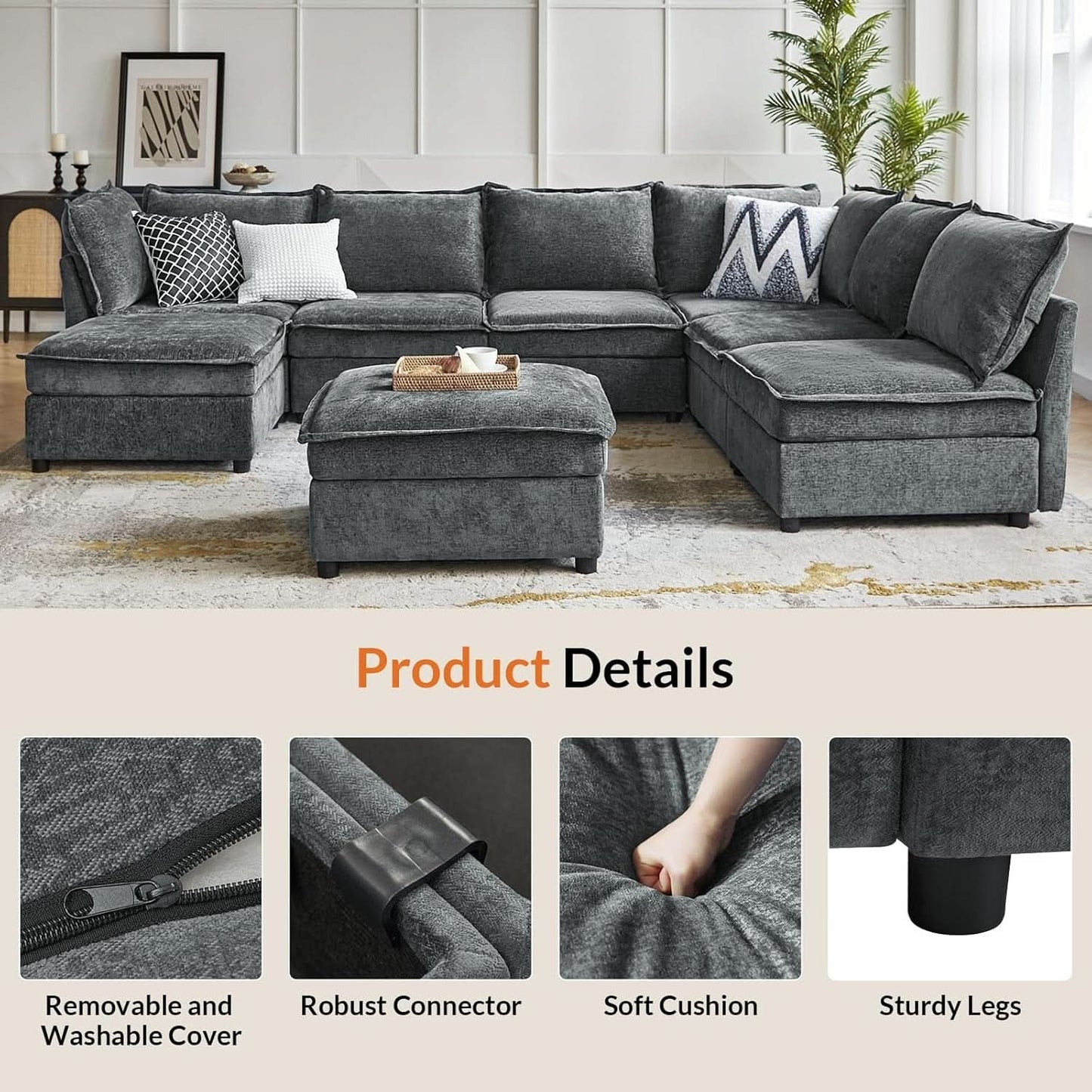 127 Inch Grey Modular Sectional Sofa With Storage Ottoman
