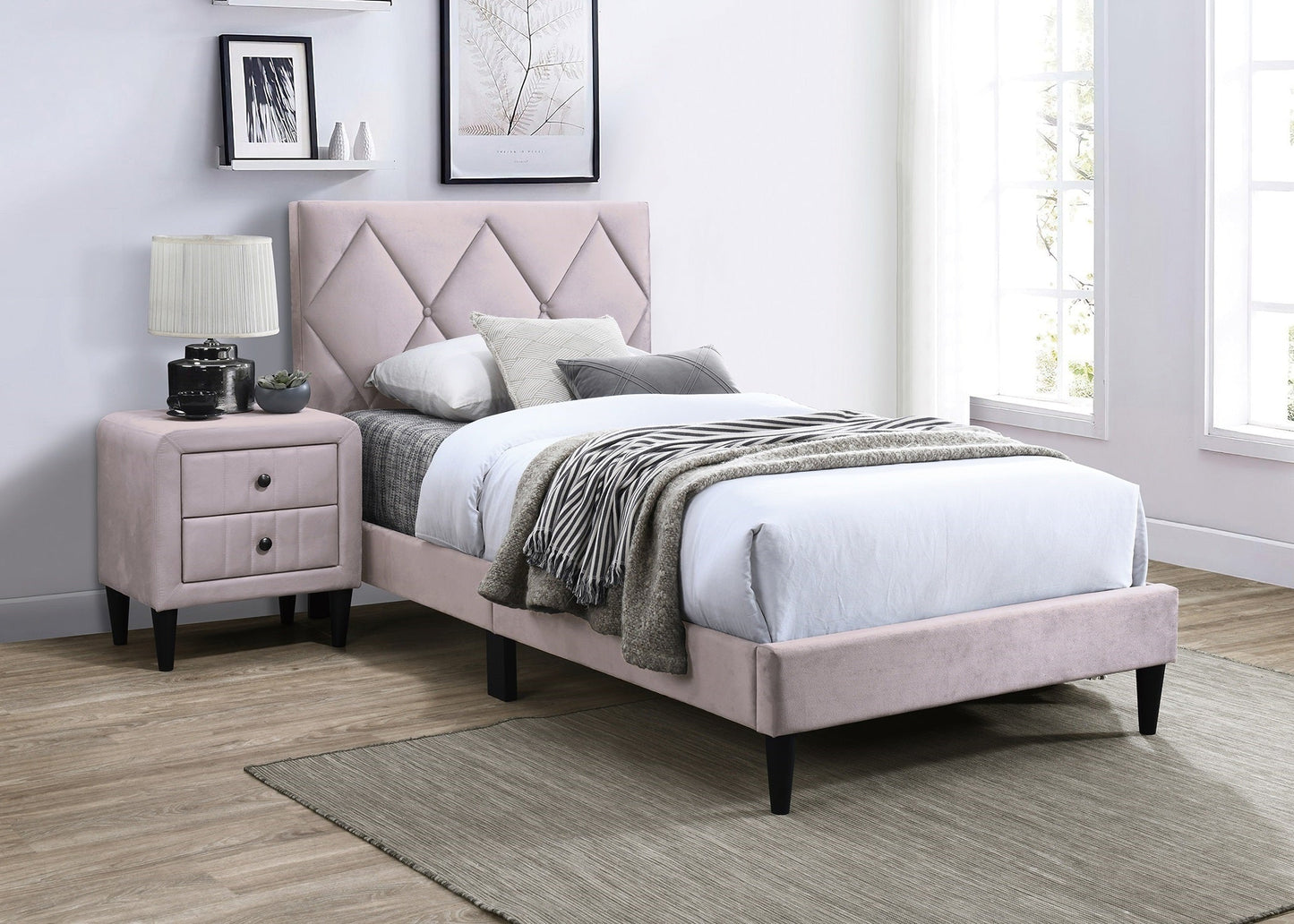 Light Pink Velvet Nightstand with 2 Drawers, Sleek Design, Tempered Legs