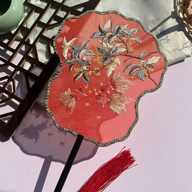 Ancient Style Fan Chinese Style Hanfu Dance Shooting Long Handled Embroidered Classical Double Sided Fan Female Decorative Fan