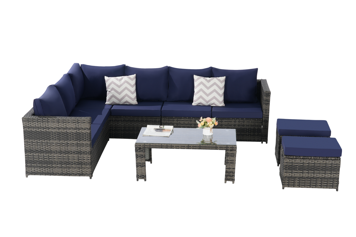 Outdoor Patio Rattan Set 6 Piece Seats 8 Dark Blue