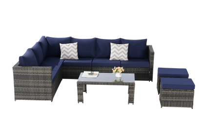 Outdoor Patio Rattan Set 6 Piece Seats 8 Dark Blue