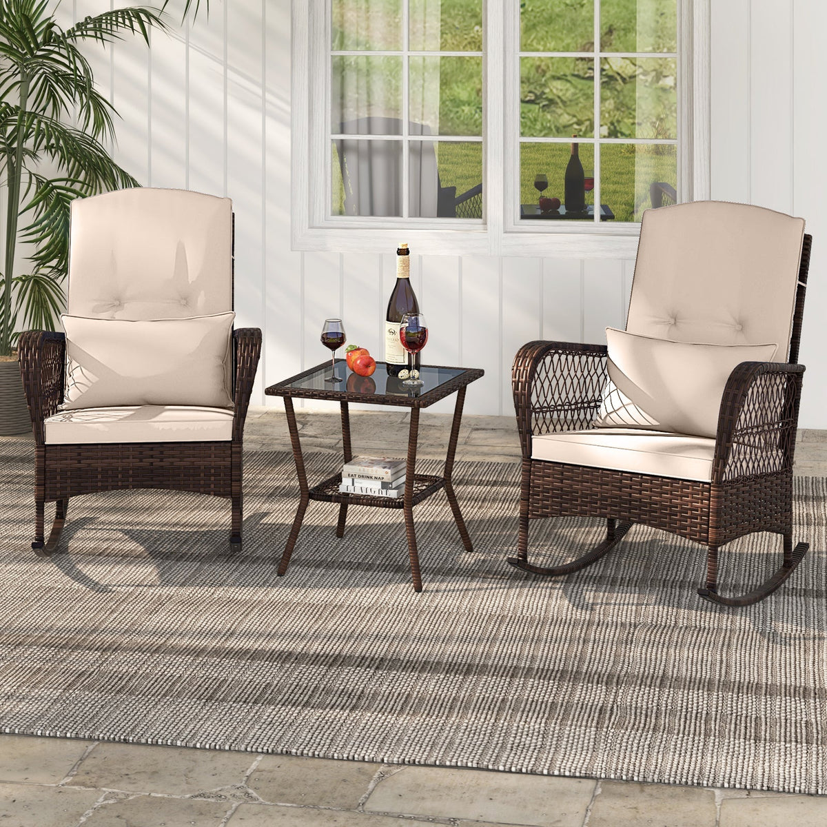 3 Pieces Rocking Bistro Set with 2-Tier Coffee Table