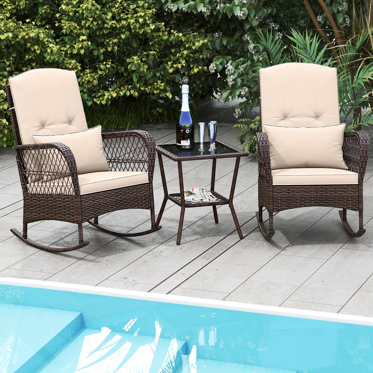 3 Pieces Rocking Bistro Set with 2-Tier Coffee Table