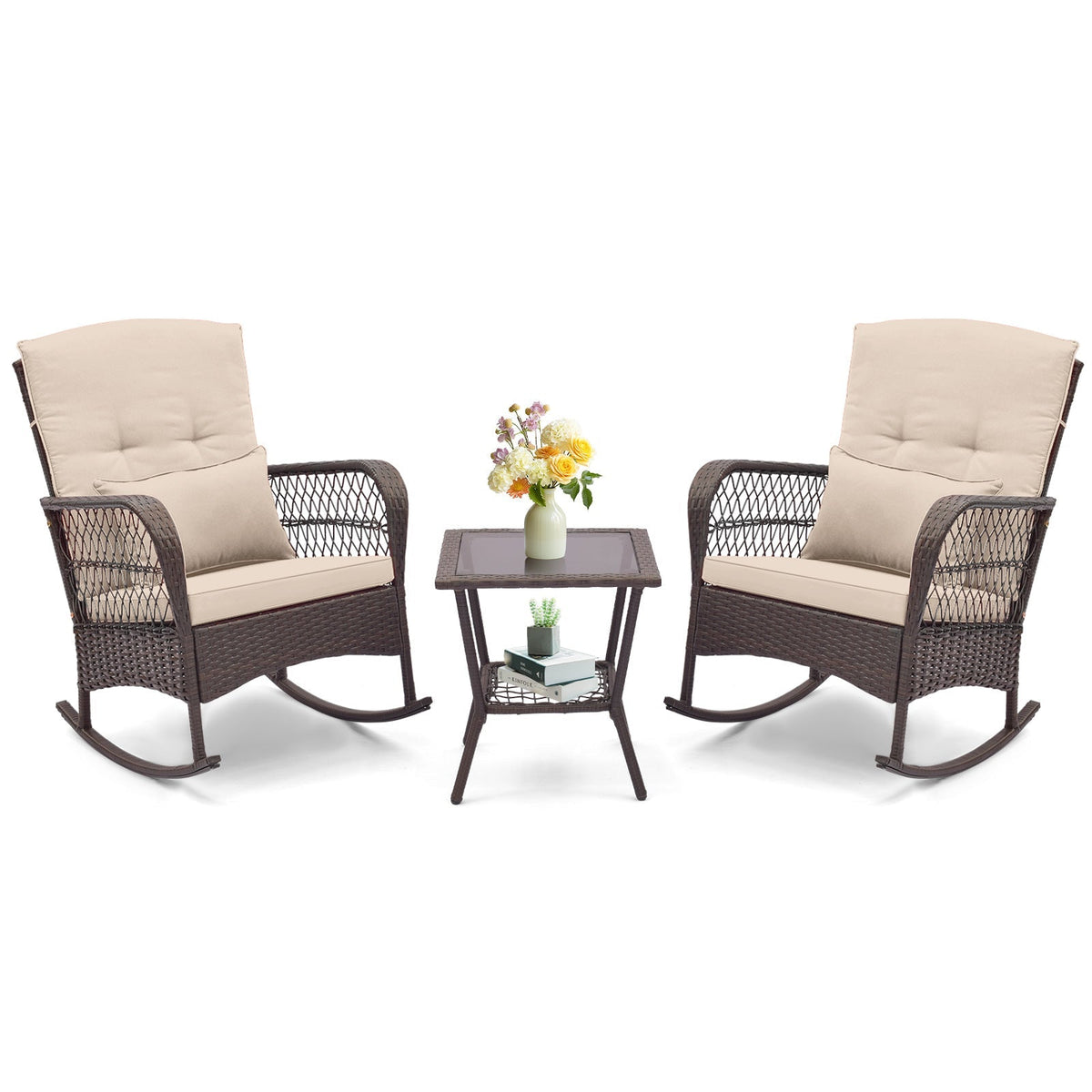 3 Pieces Rocking Bistro Set with 2-Tier Coffee Table