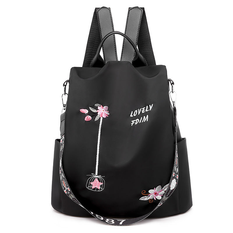 Women's Embroidered Nylon Backpack Waterproof Anti-Theft Large Capacity Bag