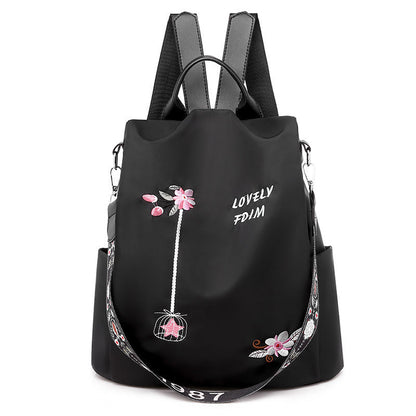 Women's Embroidered Nylon Backpack Waterproof Anti-Theft Large Capacity Bag