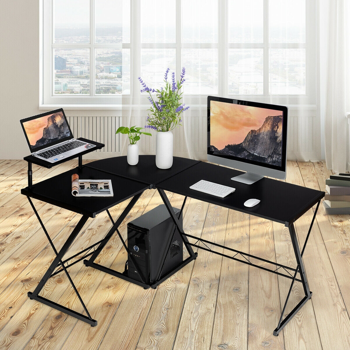 L-Shaped Desk Reversible Corner Computer Desk with Movable Shelf and CPU Stand