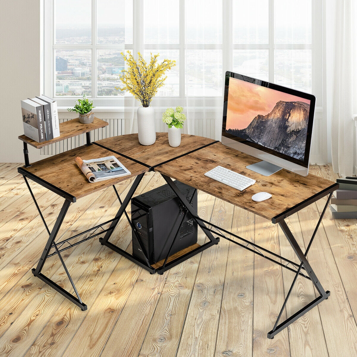 L-Shaped Desk Reversible Corner Computer Desk with Movable Shelf and CPU Stand
