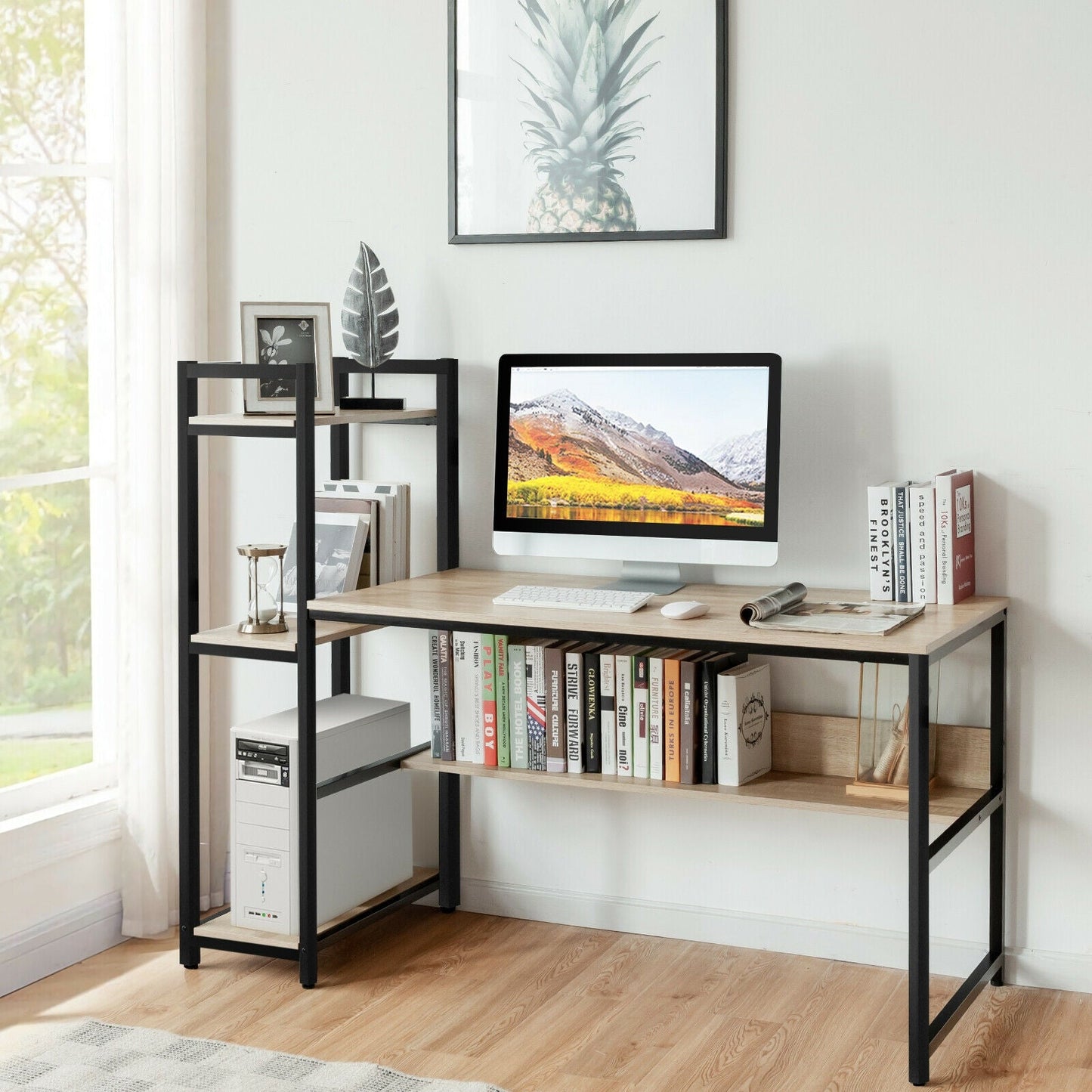 59-Inch Computer Desk Home Office Workstation 4-Tier Storage Shelves