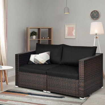 2 Pieces Patio Rattan Sectional Conversation Sofa Set-Beige