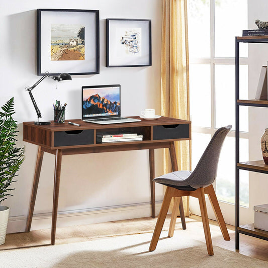 Stylish Computer Desk Workstation with 2 Drawers and Solid Wood Legs