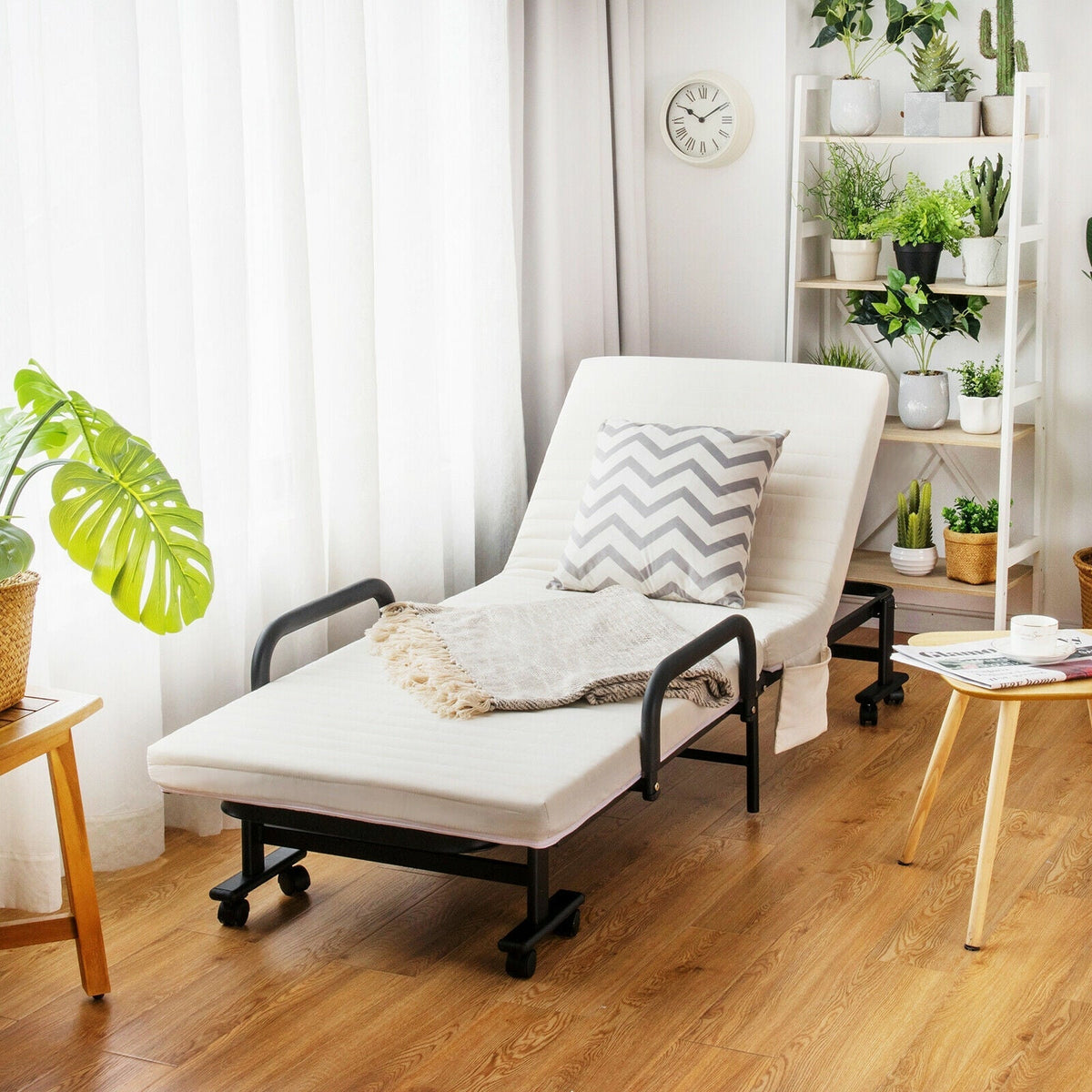 Adjustable Folding Guest Bed Frame with Mattress and Wheels