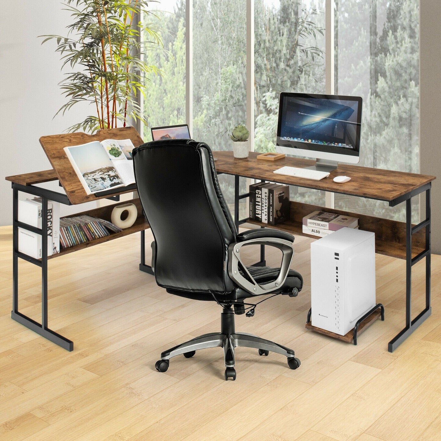 L-Shaped Computer Desk with Tiltable Tabletop