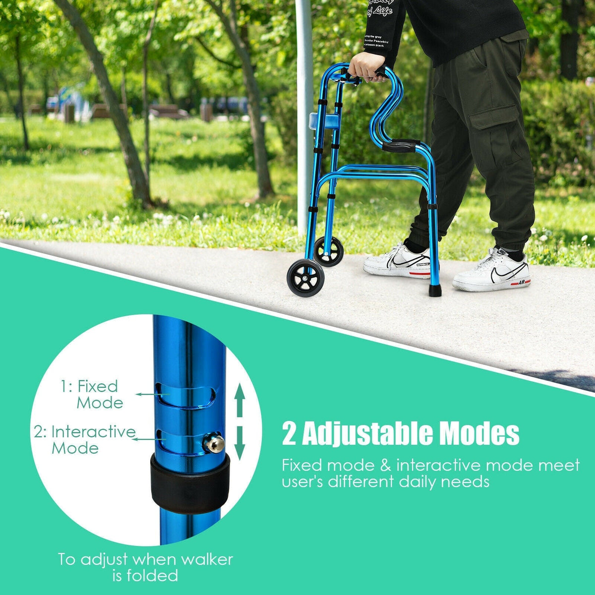 Adjustable Heavy-Duty Folding Walker with Unidirectional Wheels and Bi-Level Armrests-Black