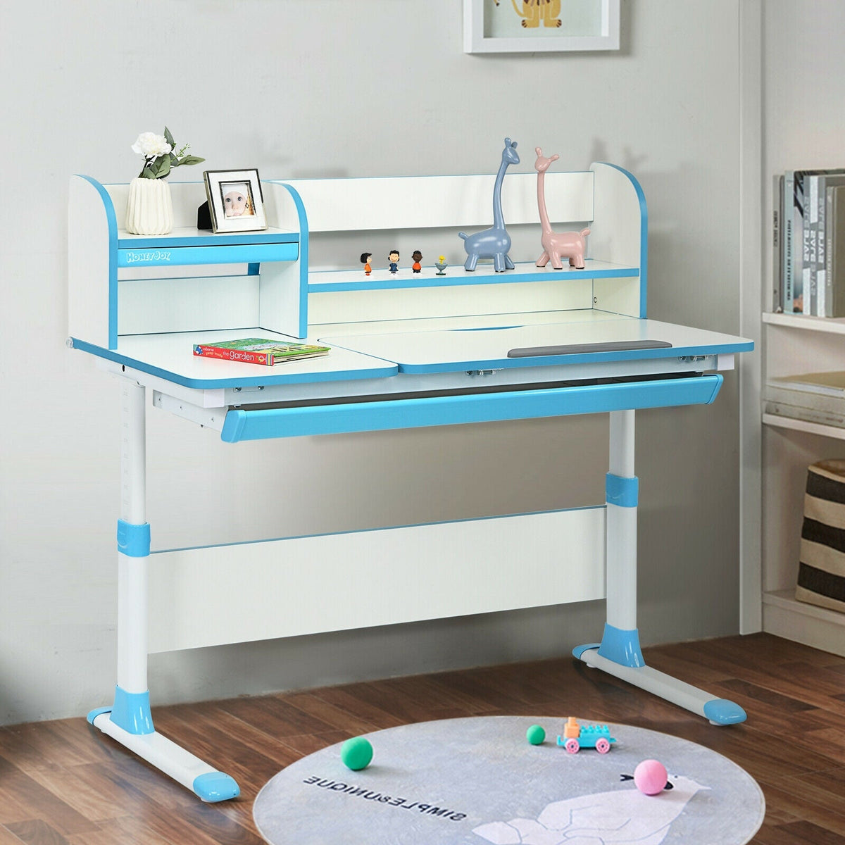 Adjustable Height Study Desk with Drawer and Tilted Desktop for School and Home