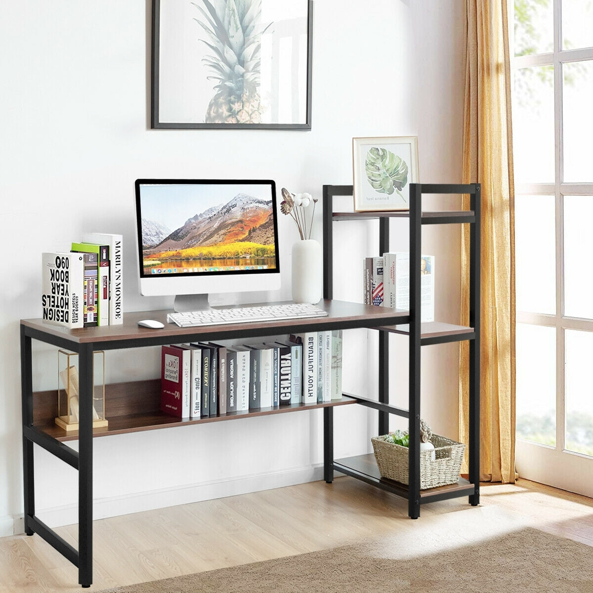 59-Inch Computer Desk Home Office Workstation 4-Tier Storage Shelves
