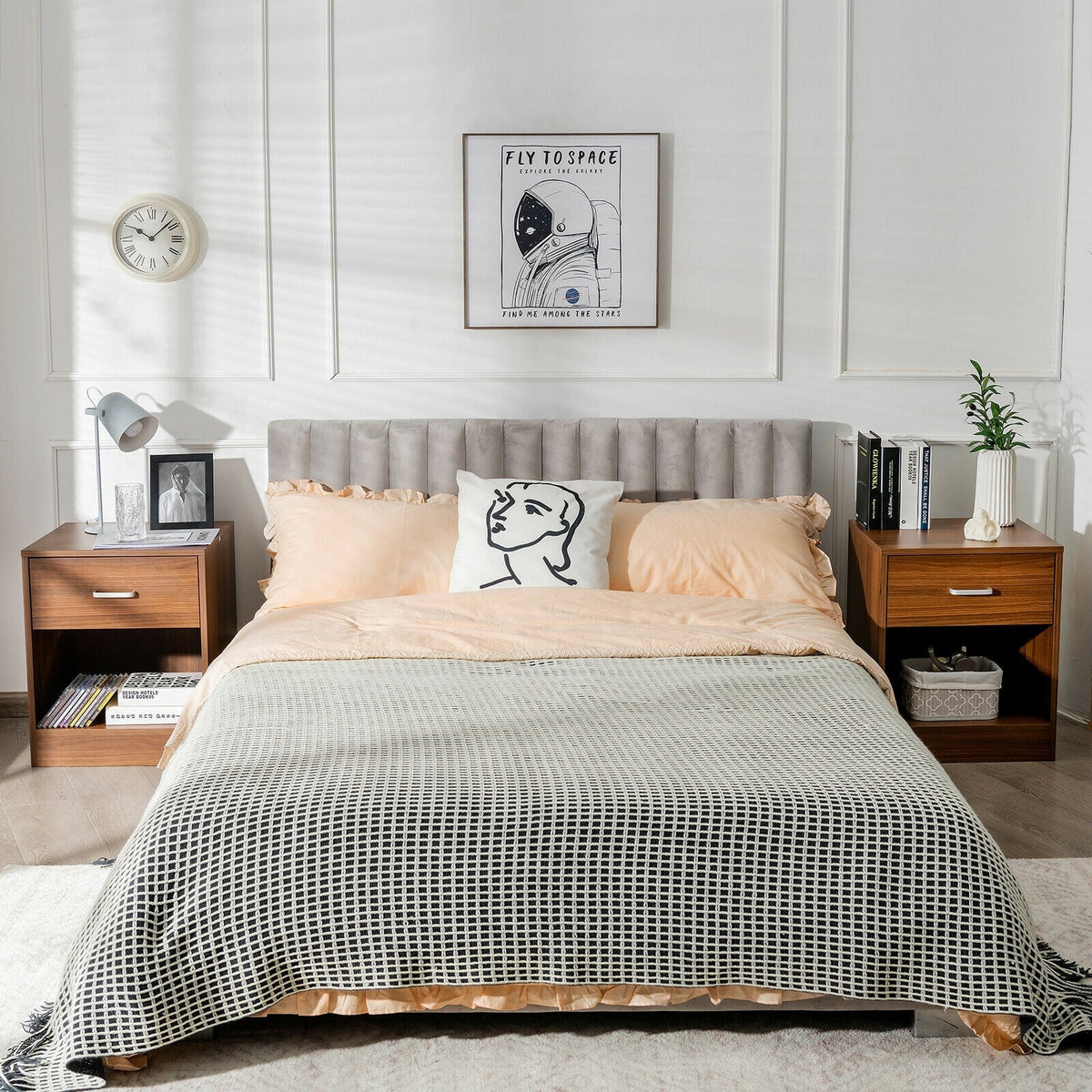 2 Pieces Nightstand with Storage Drawer and Cabinet