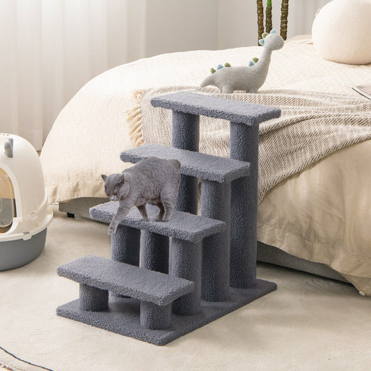 24 Inch 4-Step Pet Stairs Carpeted Ladder Ramp Scratching Post Cat Tree Climber-Gray