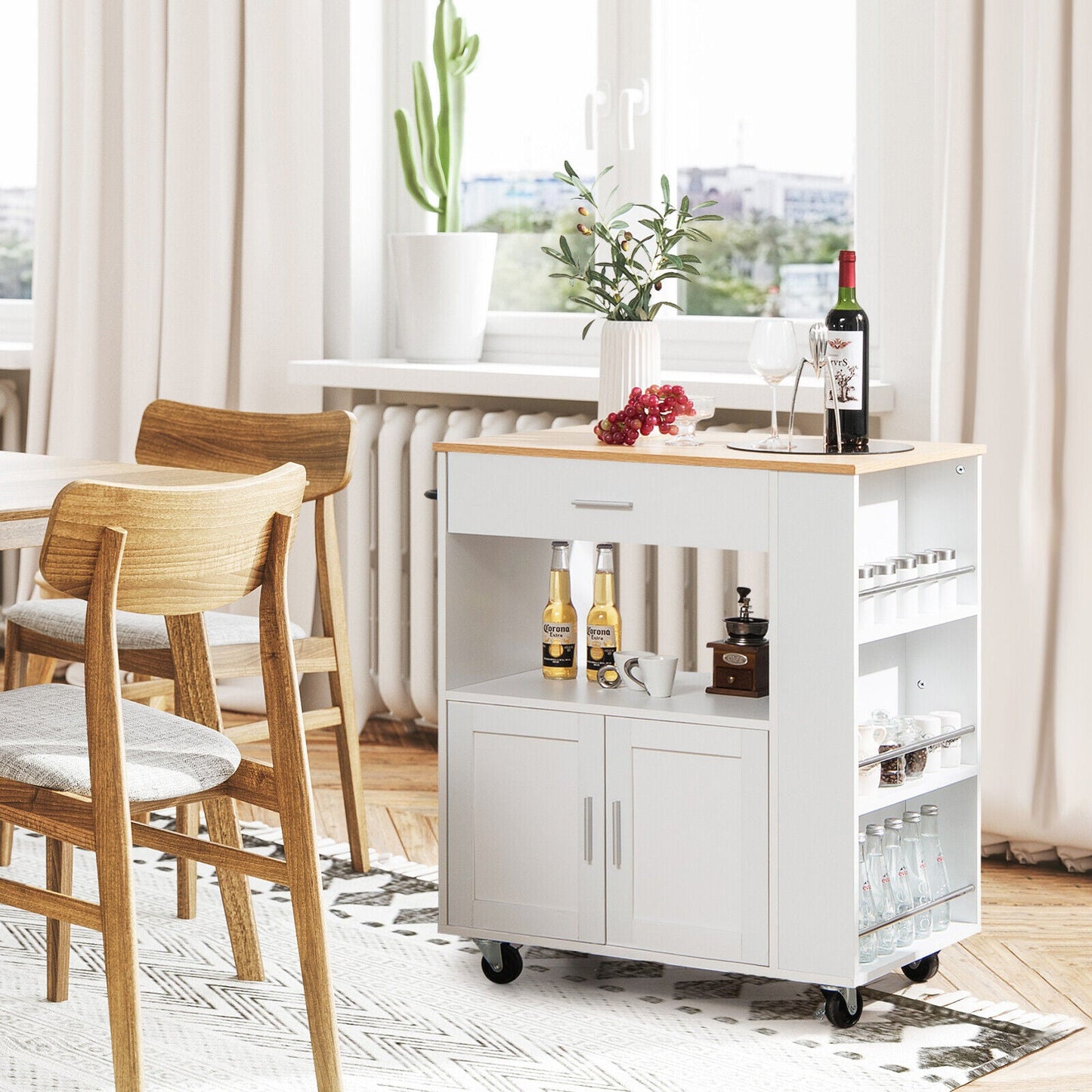 Rolling Kitchen Trolley with 3 Spice Racks Drawer and Open Shelf