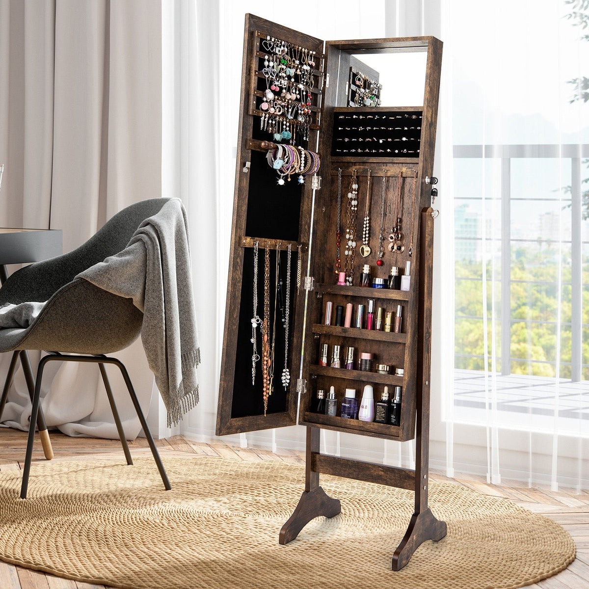 Standing Jewelry Cabinet with Full Length Mirror