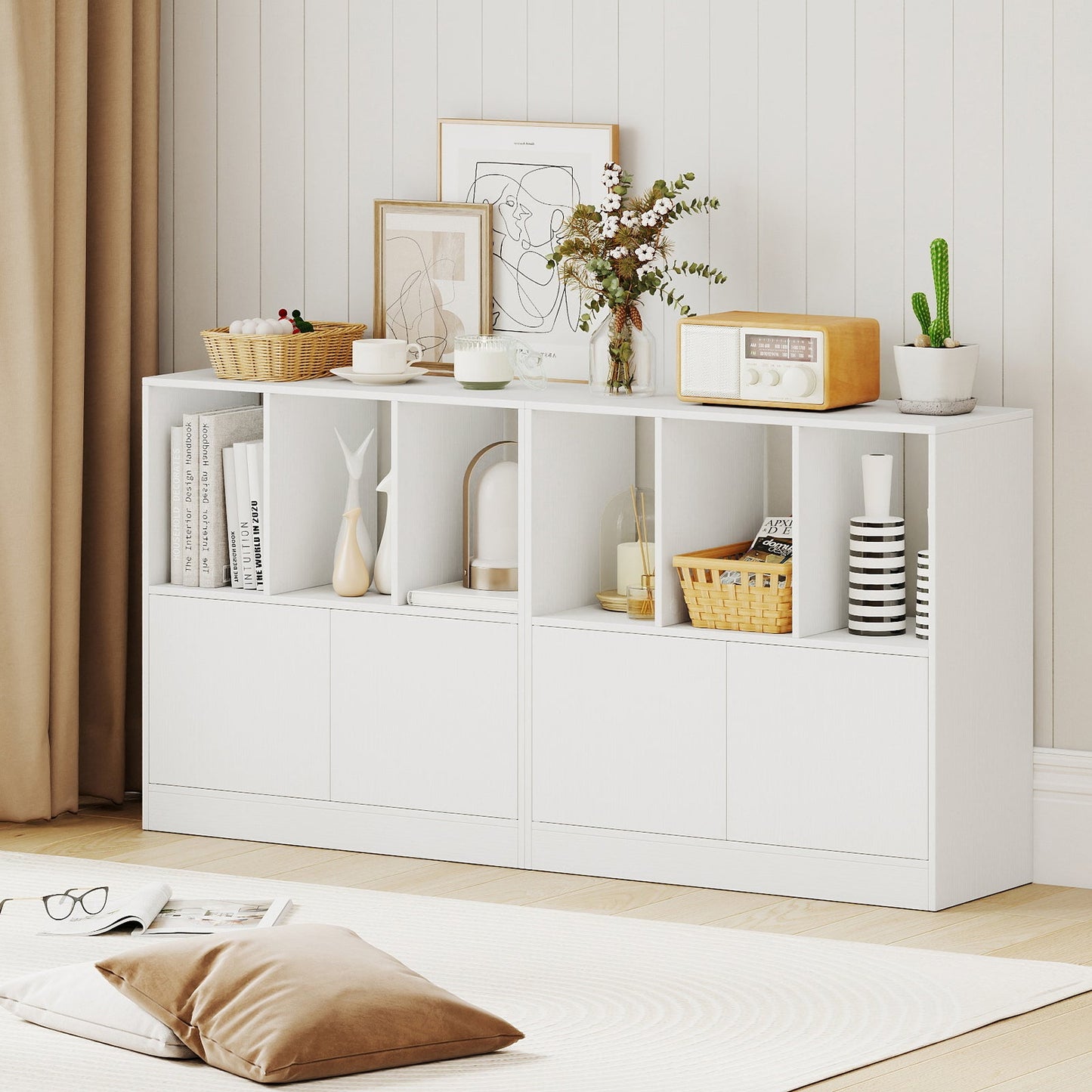 3-Cube Bookcase with Doors 3-Tier Cubic Bookshelf with Open Compartments and Cabinet