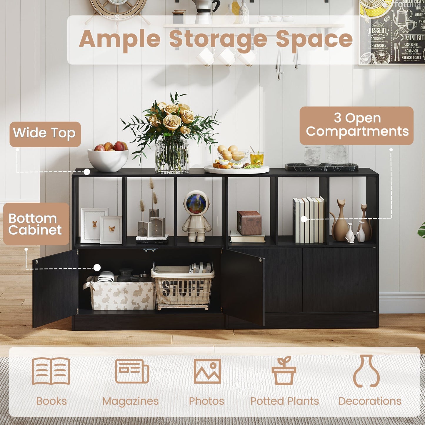 3-Cube Bookcase with Doors 3-Tier Cubic Bookshelf with Open Compartments and Cabinet