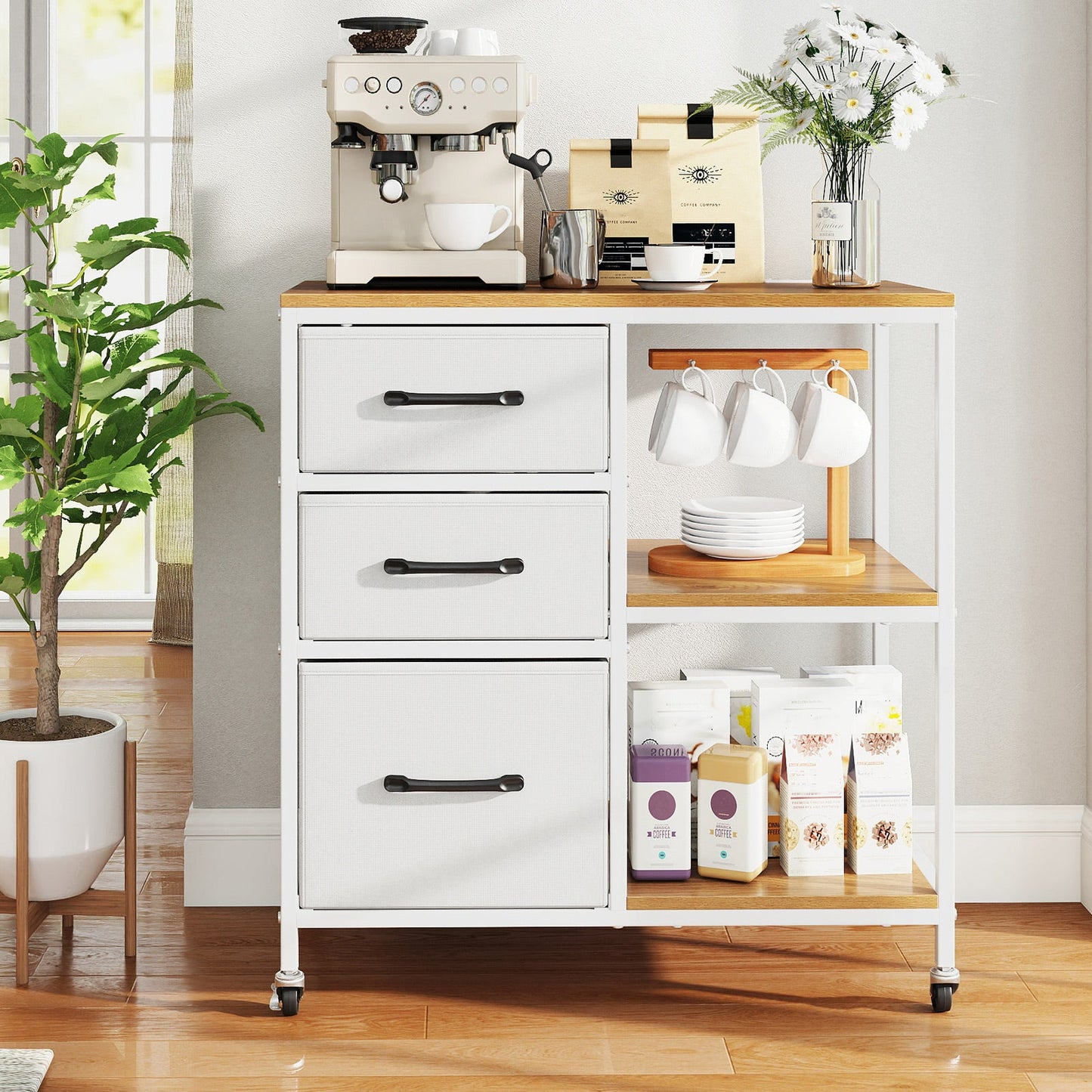 3 Drawer Mobile File Cabinet with Charging Station Rolling Printer Stand with Open Storage Shelves