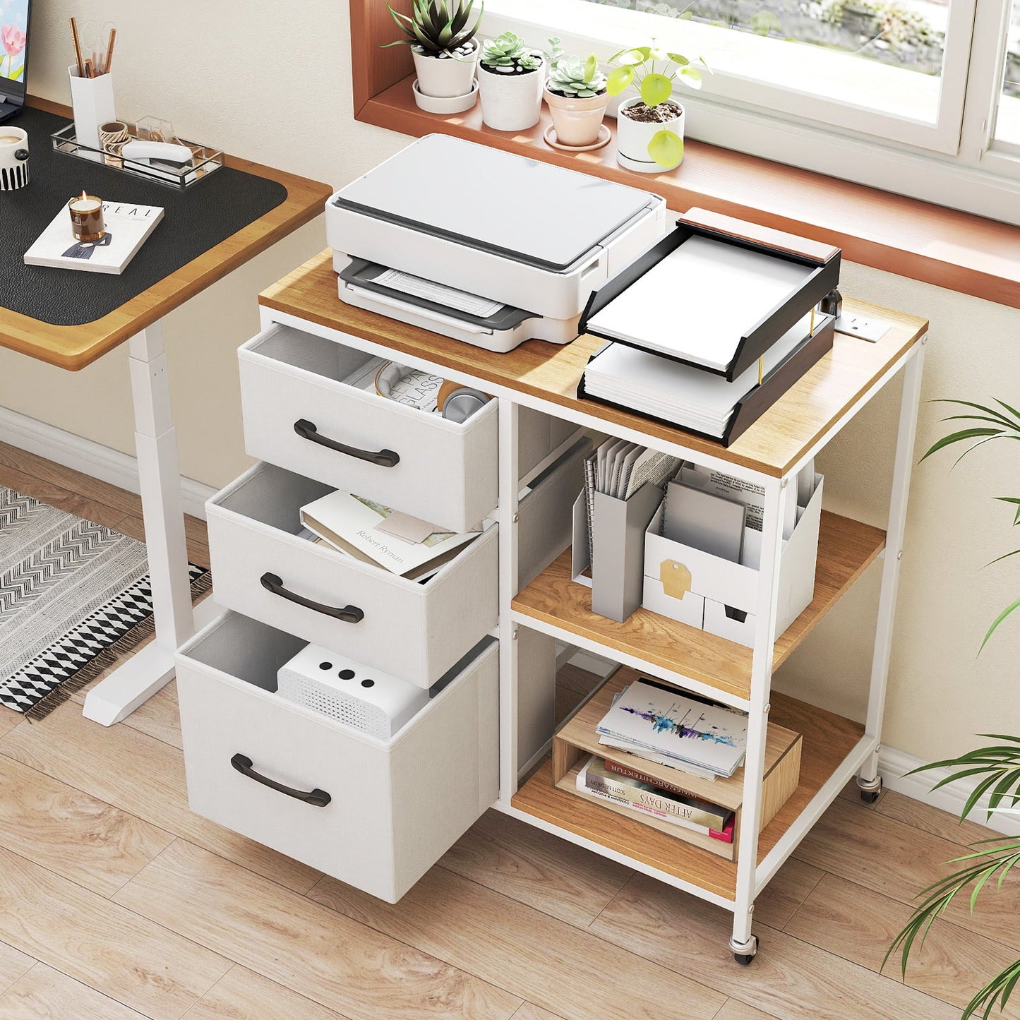 3 Drawer Mobile File Cabinet with Charging Station Rolling Printer Stand with Open Storage Shelves
