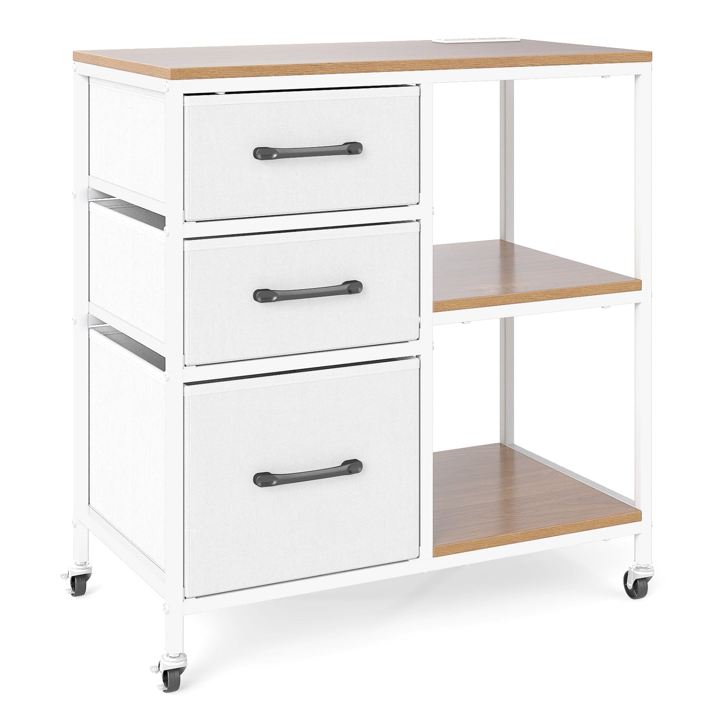 3 Drawer Mobile File Cabinet with Charging Station Rolling Printer Stand with Open Storage Shelves