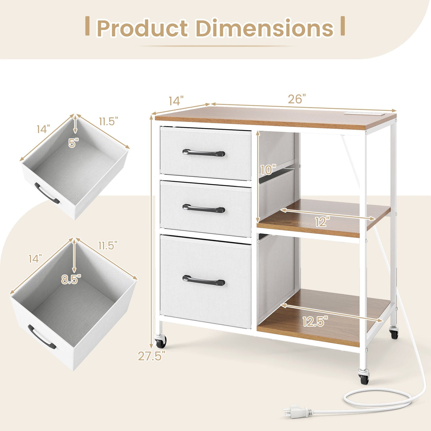 3 Drawer Mobile File Cabinet with Charging Station Rolling Printer Stand with Open Storage Shelves